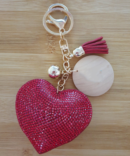 Fabric Heart Shaped Keyring with Wooden Disc Blank
