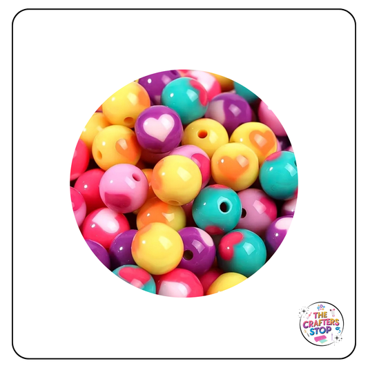 Acrylic Round Heart Beads - Mixed Colours