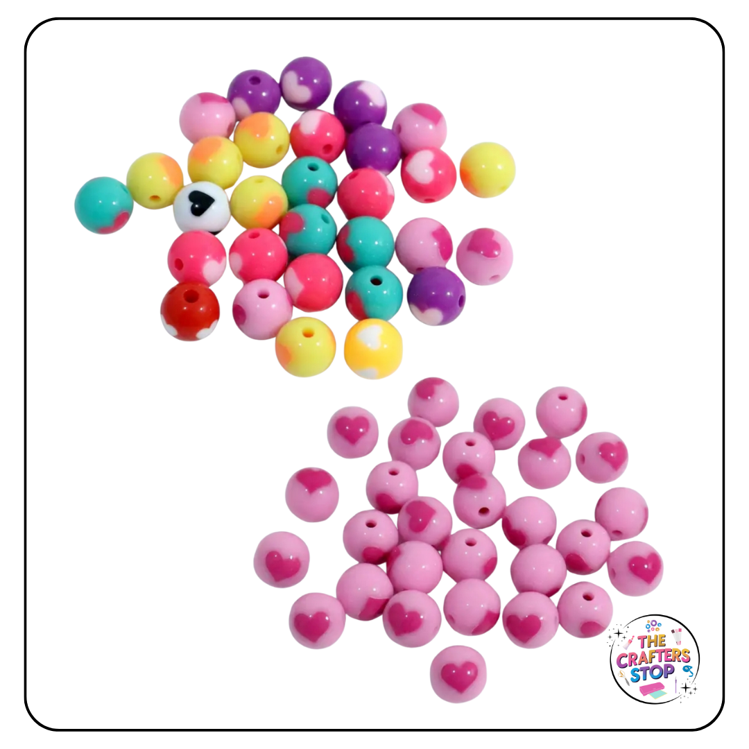 Acrylic Round Heart Beads - Mixed Colours