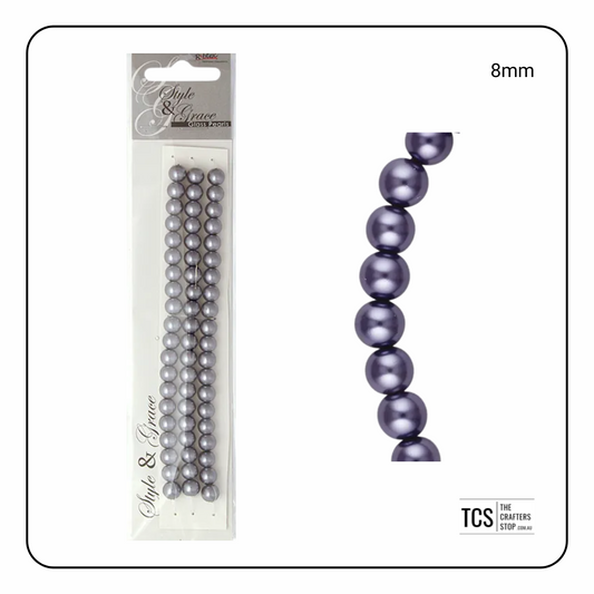 8mm Round Glass Pearls - Dark Grey
