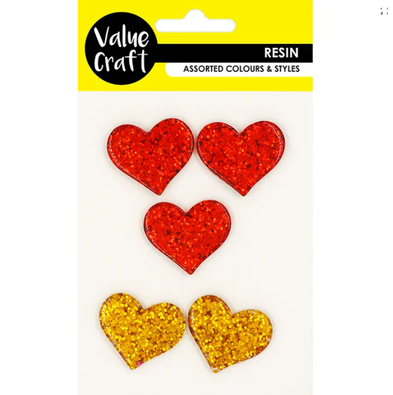 Resin Heart Embellishments - 5pcs