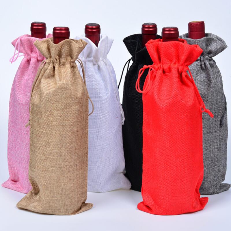 Reusable Burlap Wine Bottle Drawstring Bag