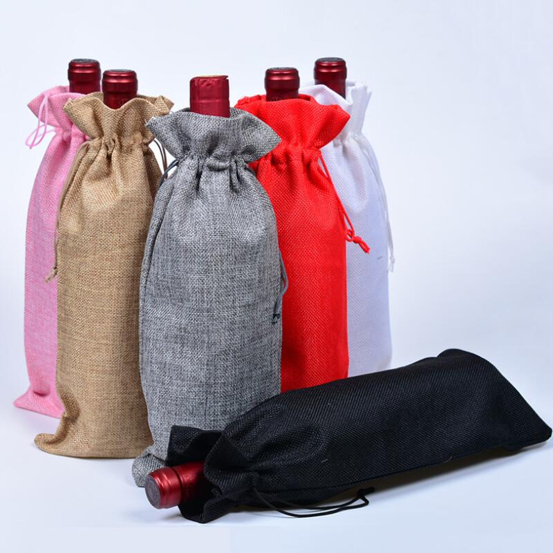 Reusable Burlap Wine Bottle Drawstring Bag